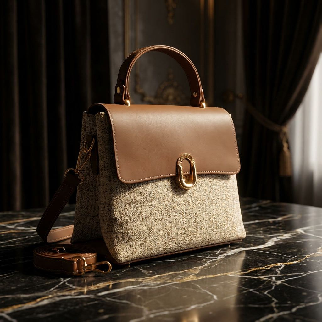Brown Leather & Linen Structured Handbag with Detachable Strap