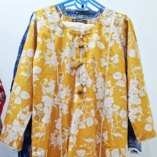 Mustard Floral Printed Lawn 2 Piece – White Embroidered Design with Lace Details