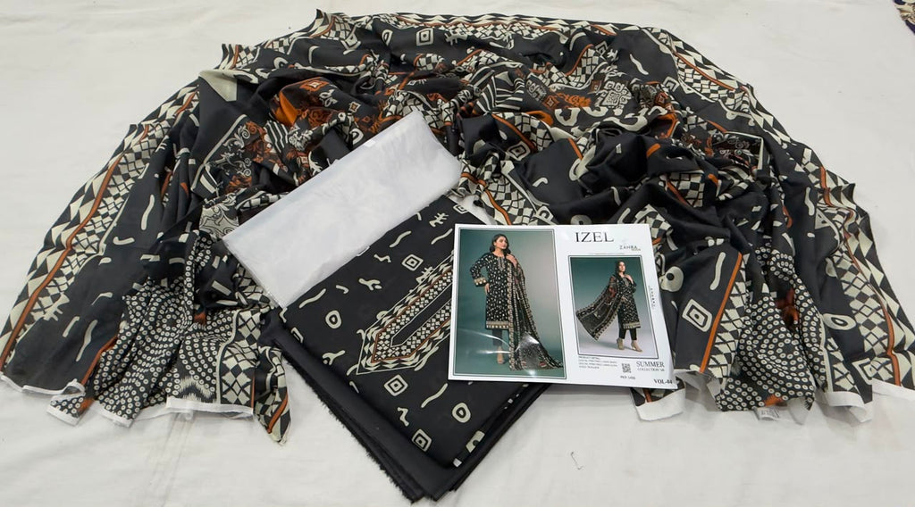 IZEL by Zahra Noor | Summer Collection Vol-04 | Mustard & Black 3-Piece Suit