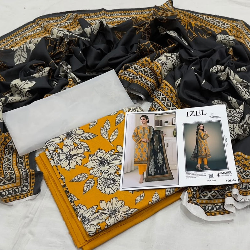 IZEL by Zahra Noor | Summer Collection Vol-04 | Mustard & Black 3-Piece Suit