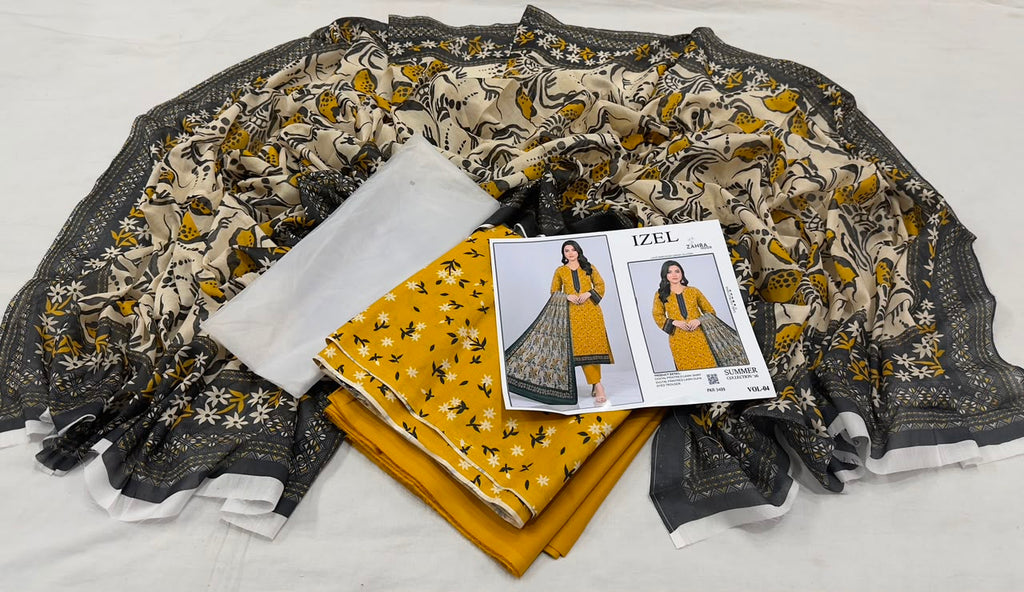 IZEL by Zahra Noor | Summer Collection Vol-04 | Mustard & Black 3-Piece Suit