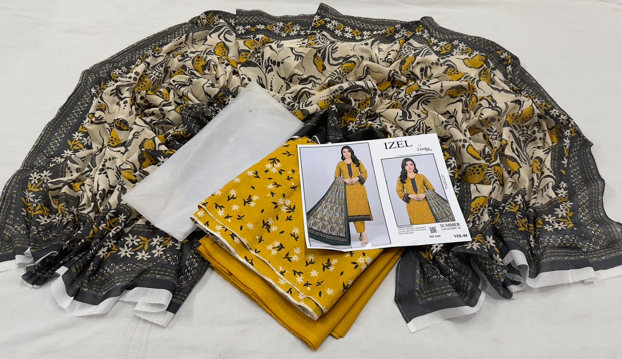 IZEL by Zahra Noor | Summer Collection Vol-04 | Mustard & Black 3-Piece Suit