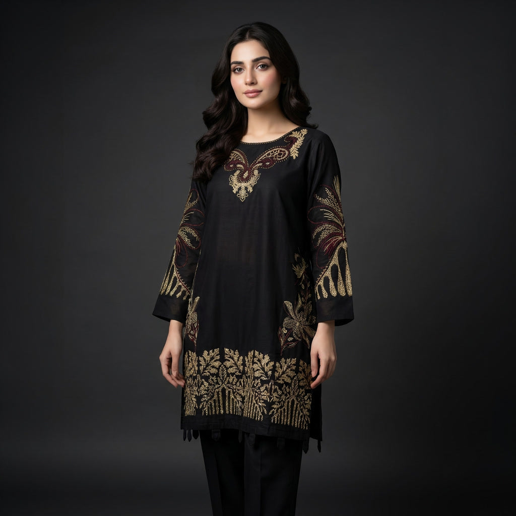 Black Heavy Gold Thread Embroidered 2-Piece Kurti Set